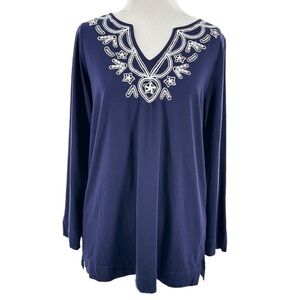Jones Studio top size S navy blue embroidered beaded nautical coastal granny